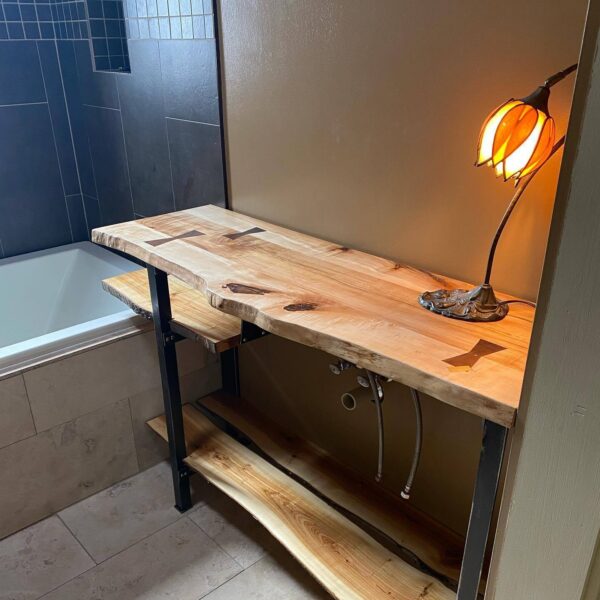 Hazen Audel built this rad counter for my new bathroom with wood from trees we removed and milled by Matt Stewart. I am honored to have a piece of Hazen’s in my house! #woodworking